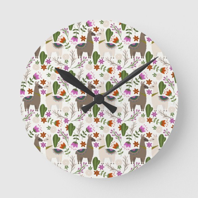 Alpaca Cactus Floral Pattern Animal Lover Round Clock (Front)