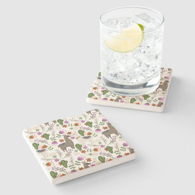 Alpaca Cactus Floral Pattern Animal Lover Stone Coaster (Side)