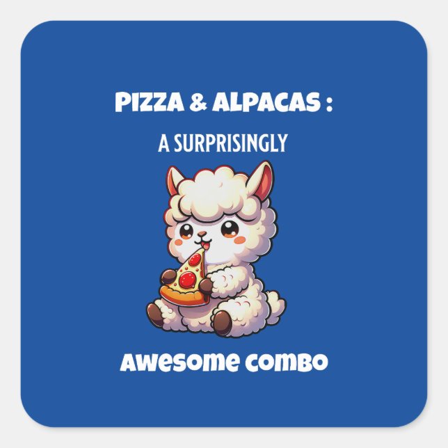 Alpaca eating Pizza (white text Square Sticker (Front)