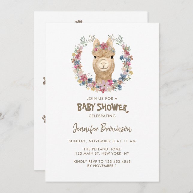 Alpaca Flower Wreath Dog Baby Shower Invitation (Front/Back)
