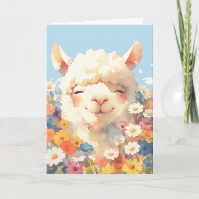 Alpaca Hiding in Flowers Card (Front)