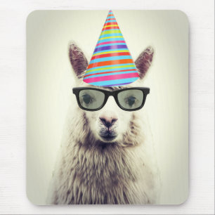 Alpaca in Glasses and Party Hat Mouse Mat