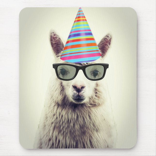 Alpaca in Glasses and Party Hat Mouse Mat (Front)