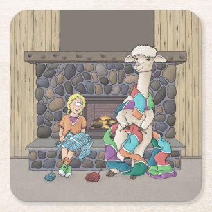 Alpaca Knitting Square Paper Coaster