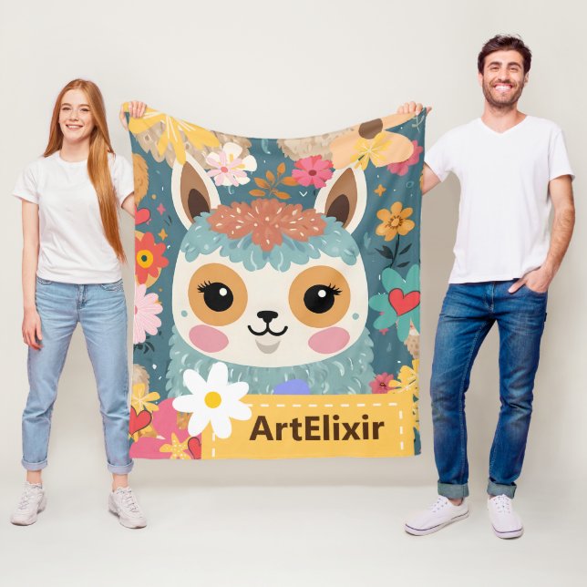 Alpaca LLama Cute Floral Pattern  Fleece Blanket (In Situ)