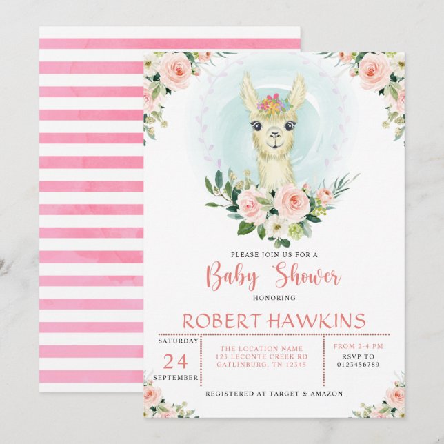 Alpaca Llama Pink Floral Girl Baby Shower Invitation (Front/Back)