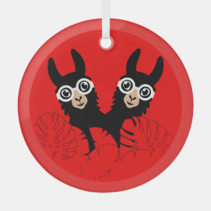 Alpaca llama Twins Birthday Glass Tree Decoration