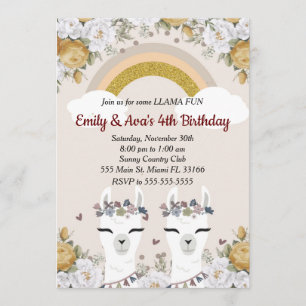 Alpaca Llama Twins Kids Birthday Invitation