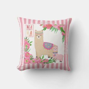Alpaca Mama & Baby Pink Green Floral Pink Stripes Cushion