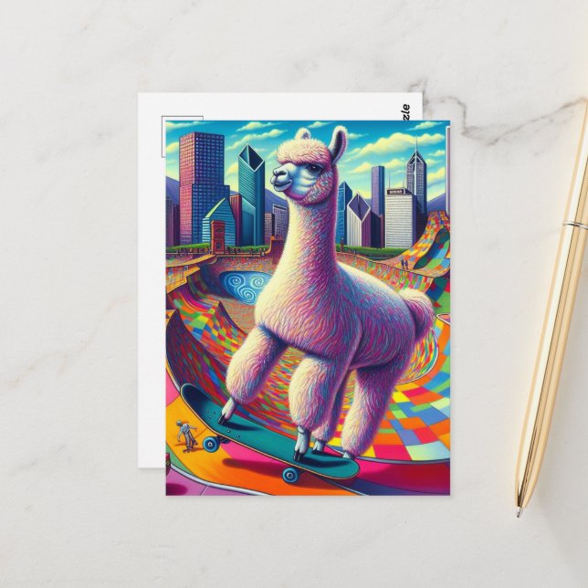 Alpaca on a Skateboard Postcard (Front/Back In Situ)