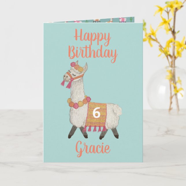 Alpaca personalised Age 6 Birthday Card  (Yellow Flower)