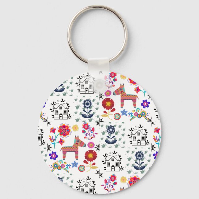 Alpaca Pinata With Blue House and Flowers Key Ring (Front)