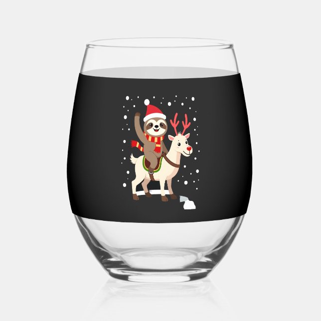 Alpaca Sloth Christmas (1) Stemless Wine Glass (Front)