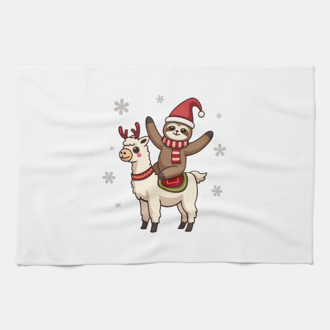 Alpaca Sloth Christmas (1) Tea Towel (Horizontal)