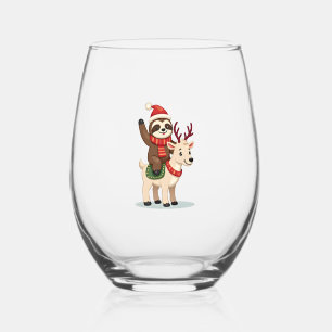 Alpaca Sloth Christmas (2) Stemless Wine Glass