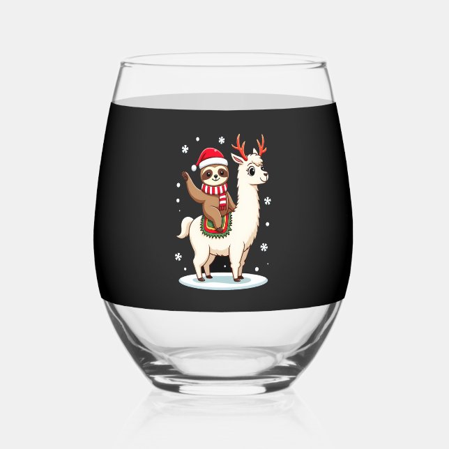 Alpaca Sloth Christmas (3) Stemless Wine Glass (Front)