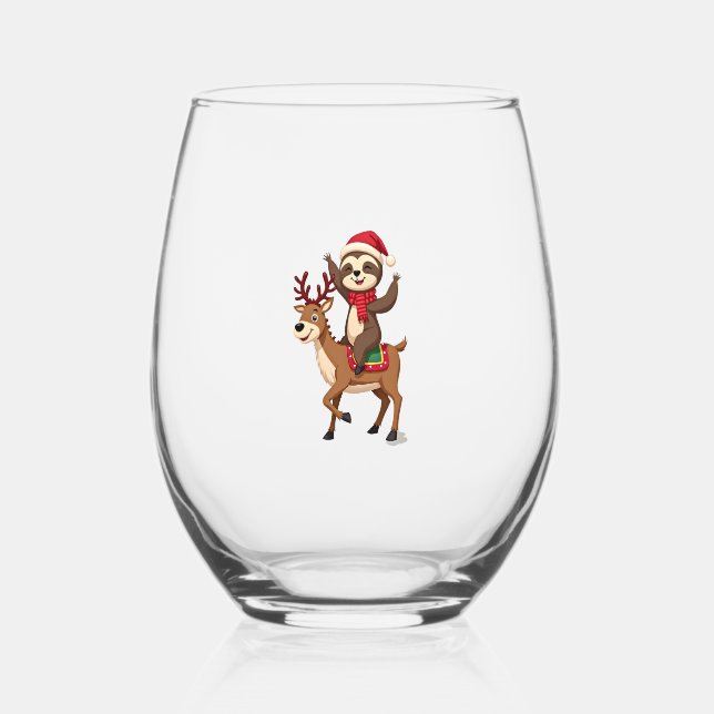 Alpaca Sloth Christmas (4) Stemless Wine Glass (Front)