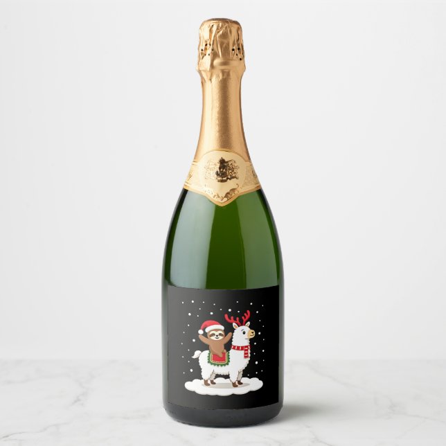 Alpaca Sloth Christmas Sparkling Wine Label (Front)