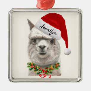 Alpaca Smiles ADD NAME Llama Christmas Tree Metal Tree Decoration