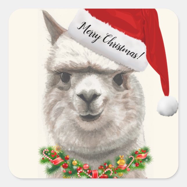 Alpaca Smiles Santa Christmas Hat Original Art Square Sticker (Front)