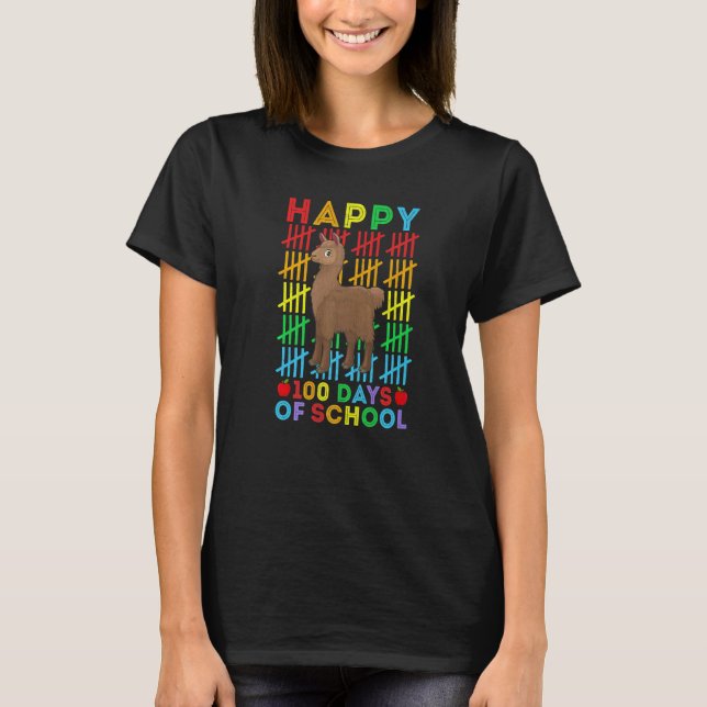 Alpaca Teacher Student Happy 100 Days of School T-Shirt (Front)