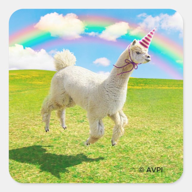 Alpaca Unicorn Under Rainbow Sky Square Sticker (Front)