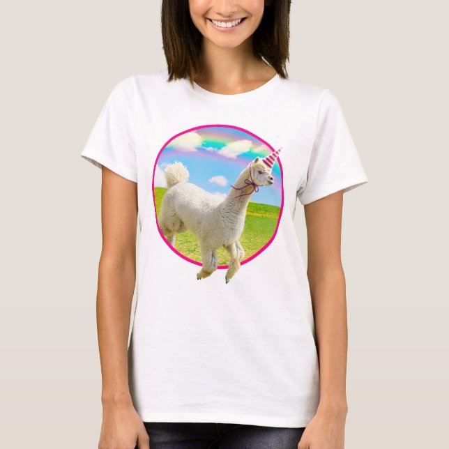Alpaca Unicorn Under Rainbow Sky T-Shirt (Front)