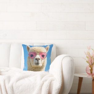 Alpaca Wearing Pink Heart-shaped Glasses Cushion