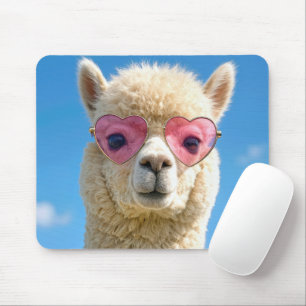 Alpaca Wearing Pink Heart-shaped Glasses Mouse Mat