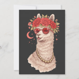 Alpaca with floral crown and red sunglasses invitation