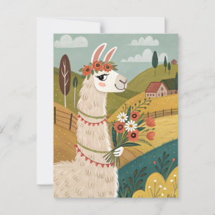 Alpaca with flowers folk art postcard