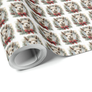 Alpaca Wreath Christmas Holiday Gift Wrapping Paper