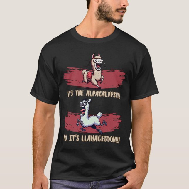 Alpacalypse and Llamageddon Funny Alpaca and Llama T-Shirt (Front)