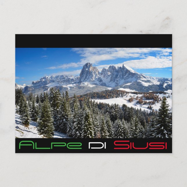 Alpe di Siusi in winter black text postcard (Front)