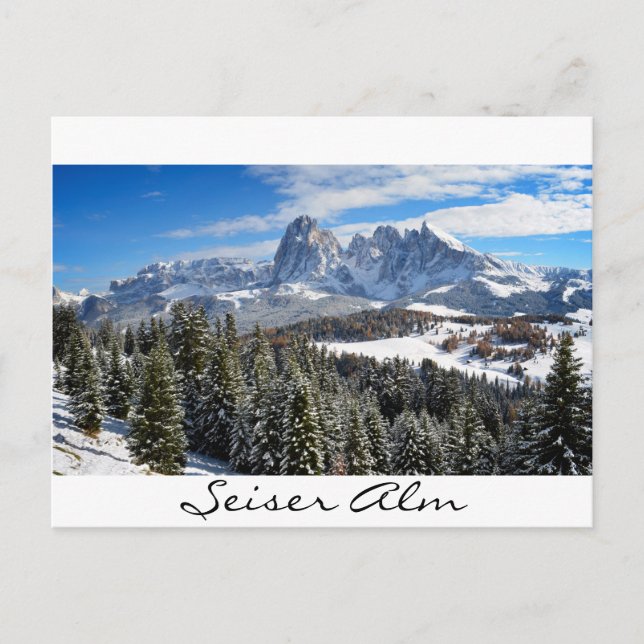 Alpe di Siusi in winter white border postcard (Front)
