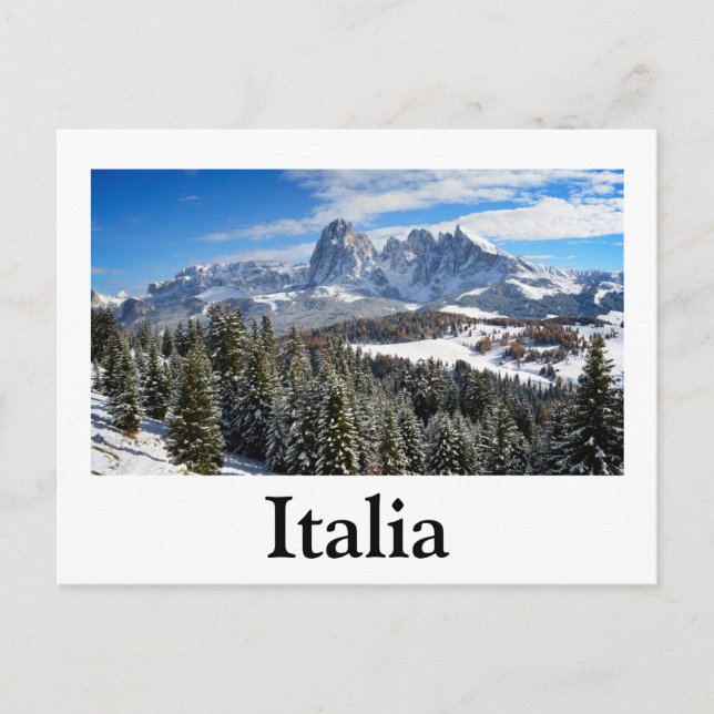 Alpe di Siusi, Italy in winter text postcard (Front)