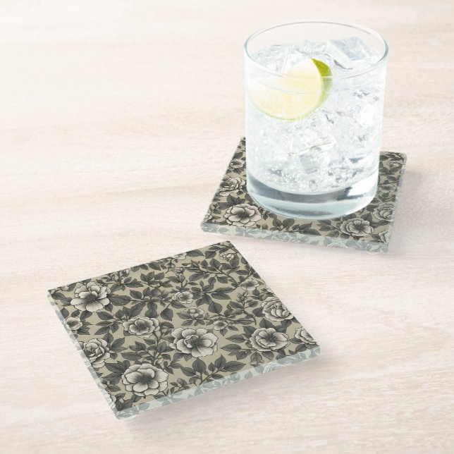 Alpenrose floral vintage pattern glass coaster (Angled)