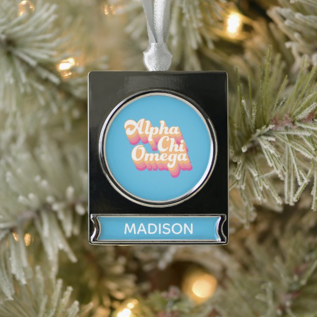 Alpha Chi Omega | Groovy Script Silver Plated Banner Ornament (Tree)