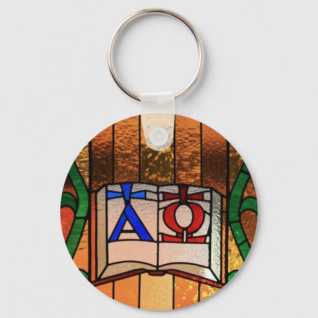 Alpha Omega Book Stained Glass Art Key Ring (Front)