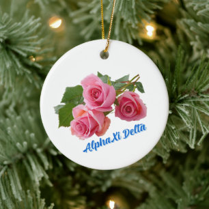 Alpha Xi Delta Greek Sorority Pink Rose Flower Ceramic Tree Decoration
