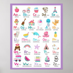 Alphabet A to Z Kids Baby Nursery on Purple Poster