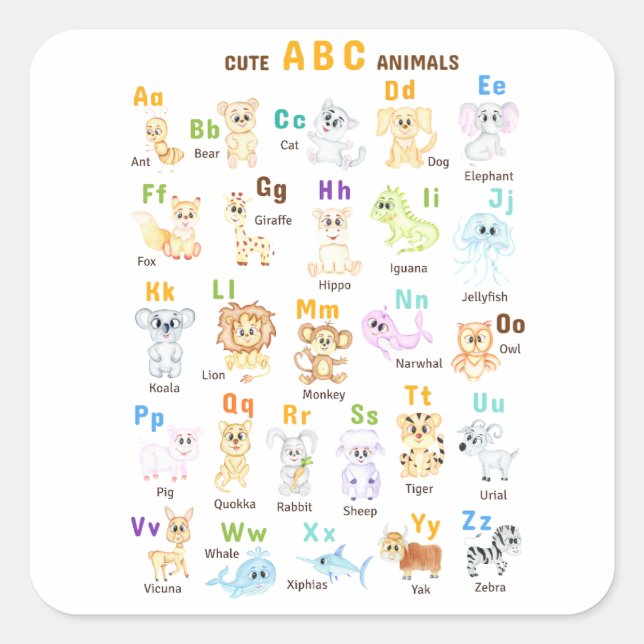 Alphabet Animal ABC Cute animals  Square Sticker (Front)