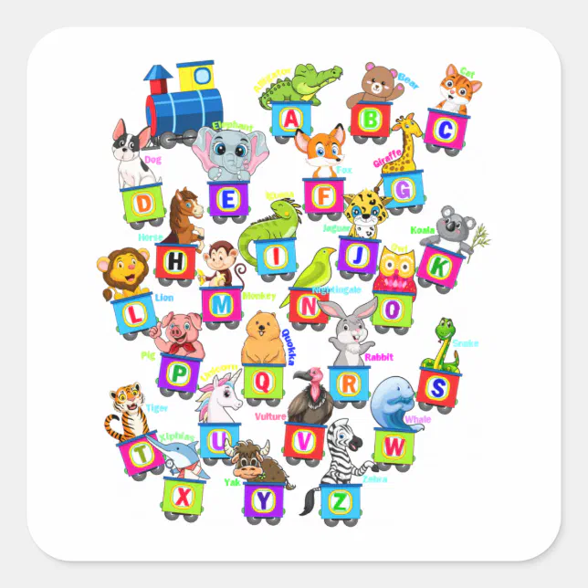Alphabet Animal ABCs Learning Square Sticker | Zazzle