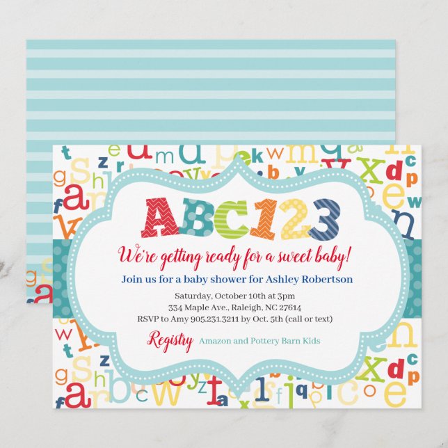 Alphabet Baby Boy Shower Invitation (Front/Back)