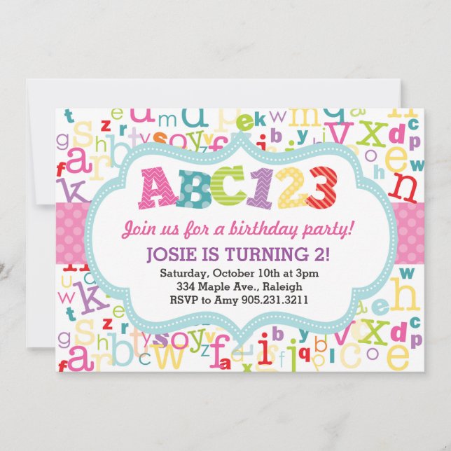 Alphabet Birthday Party Invitation (Pink) (Front)