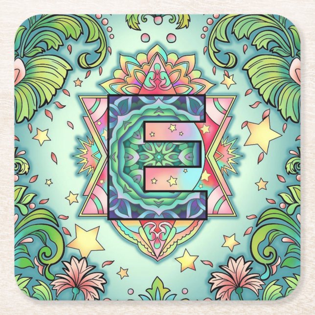 Alphabet E mandala Square Paper Coaster (Front)