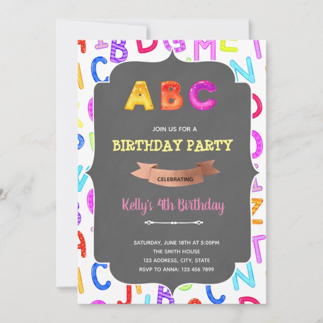 Alphabet girl birthday invitation (Front)