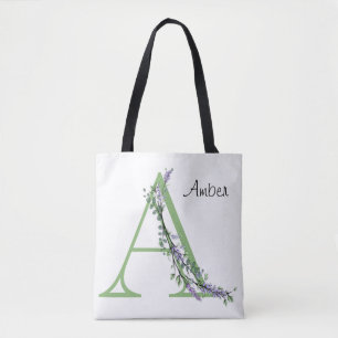 Alphabet letter A Lavender Eucalyptus watercolor Tote Bag
