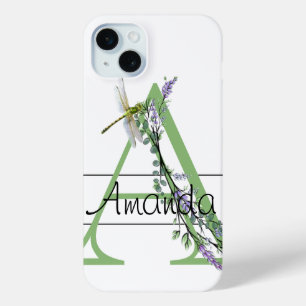 Alphabet letter A, watercolor Lavender Dragonfly iPhone 15 Mini Case