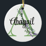 Alphabet letter A, watercolor Lavender Eucalyptus  Ceramic Tree Decoration<br><div class="desc">A romantic and elegant design with monogrammed alphabet letter framed by eucalyptus and lavender and dragonfly painted in watercolors. To get started changing the name, click on "Personalise this template" and edit the wording in the template boxes. To access the more advanced editing tools, scroll down to "Click to customise...</div>